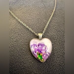 Heart Pendant Necklace with Purple Rose Design - Women Jewelry